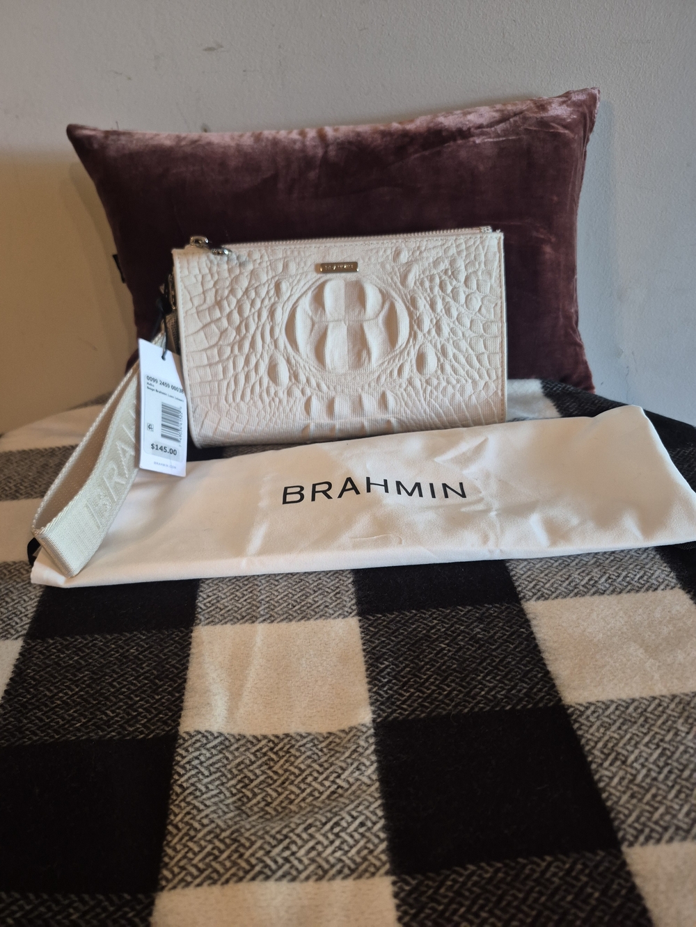 Brahmin Adia Beige Luxe Leisure Clutch Wristlet with Dust Cover